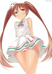 Rule 34 | 10s, 1girl, bad id, bad pixiv id, brown eyes, brown hair, dark-skinned female, dark skin, dress, headgear, kankitsunabe (citrus), kantai collection, libeccio (kancolle), panties, sailor dress, solo, striped clothes, striped panties, twintails, underwear
