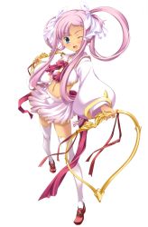 Rule 34 | 1girl, absurdres, blue eyes, blush, female focus, full body, highres, hikage eiji, jewelry, koihime musou, long hair, one eye closed, open mouth, pink hair, ribbon, school uniform, simple background, skirt, solo, sonshoukou, thighhighs, twintails, uniform, white background, wink