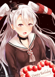 Rule 34 | 1girl, :d, amatsukaze (kancolle), bad id, bad pixiv id, blush, breasts, cake, commentary request, fang, food, forehead, hair between eyes, happy birthday, holding, juurouta, kantai collection, lips, long hair, long sleeves, looking at viewer, neckerchief, open mouth, sailor collar, small breasts, smile, solo, strawberry shortcake, twitter username, two side up, upper body, white sailor collar