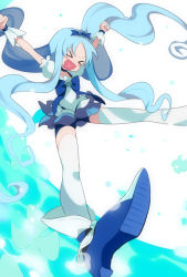 Rule 34 | &gt; &lt;, 10s, 1girl, bad id, bad pixiv id, blue hair, blue skirt, blue theme, brooch, cure marine, closed eyes, happy, harano, heart, heart brooch, heartcatch precure!, jewelry, kurumi erika, long hair, magical girl, open mouth, precure, skirt, solo, thighhighs, white thighhighs