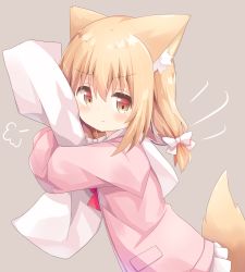 Rule 34 | 1girl, :t, absurdres, animal ear fluff, animal ears, blush, bow, brown background, closed mouth, commentary request, hair between eyes, hair bow, highres, jacket, light brown hair, long hair, long sleeves, looking at viewer, low twintails, nakkar, hugging object, original, pillow, pillow hug, pink jacket, pleated skirt, pout, red bow, skirt, solo, tail, twintails, white bow, white skirt