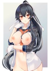 Rule 34 | 1girl, black hair, black sailor collar, blouse, blush, border, breasts, buttons, gloves, groin, hair between eyes, ichinomiya (blantte), kantai collection, large breasts, long hair, long sleeves, navel, neckerchief, nipples, open clothes, open shirt, orange eyes, orange neckerchief, ponytail, sailor collar, shirt, solo, upper body, very long hair, white border, white gloves, yahagi (kancolle), yahagi kai ni (kancolle)