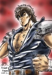 Rule 34 | 1boy, 2018, armor, belt, brown eyes, brown hair, clenched hand, dated, highres, hokuto no ken, kagawa hisashi, kenshiro, male focus, muscular, scar, serious, short hair, shoulder armor, shoulder pads, signature, solo, tagme, upper body