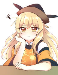 Rule 34 | 1girl, blonde hair, closed mouth, hair between eyes, hand on own face, hand up, long hair, looking to the side, matara okina, ougi hina, simple background, sitting, solo, table, touhou, white background