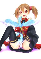 Rule 34 | 10s, 1girl, absurdres, ameyoshi, black thighhighs, brown hair, d:, dragon, feet, highres, multiple tails, no shoes, open mouth, panties, pina (sao), red eyes, short twintails, silica, spread legs, sword art online, tail, thighhighs, thighs, twintails, two tails, underwear, white panties