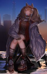 Rule 34 | 1girl, 360 (taiyo360), absurdres, angelina (arknights), animal ears, arknights, black footwear, black socks, blush, breasts, brown hair, brown shirt, chair, cityscape, coat, commentary, cross-laced footwear, earpiece, english commentary, eyelashes, fox ears, full body, hairband, highres, jewelry, knees together feet apart, long hair, looking at viewer, medium breasts, neck ring, one eye closed, open clothes, open coat, outdoors, red eyes, shirt, shoes, sitting, smile, sneakers, socks, solo, thighs, twintails, white coat