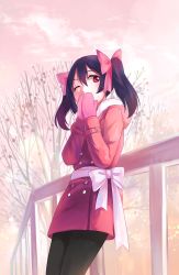 Rule 34 | 10s, 1girl, against railing, bare tree, black hair, black pantyhose, bow, coat, covering own mouth, fur trim, hair between eyes, hair bow, highres, hood, inuko (redconstellation), leaning against railing, long sleeves, love live!, love live! school idol project, mittens, one eye closed, outdoors, own hands together, pantyhose, pink bow, railing, red eyes, ribbon, solo, standing, tree, twintails, white bow, white ribbon, yazawa nico