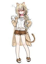 Rule 34 | 1girl, :o, animal ear fluff, animal ears, black hair, brown eyes, brown footwear, brown hair, brown jacket, brown shorts, camisole, cup, full body, hair between eyes, hand on own hip, highres, holding, holding cup, indie virtual youtuber, jacket, leopard ears, leopard girl, leopard tail, long hair, long sleeves, looking at viewer, multicolored hair, no.fifteen, open clothes, open jacket, parted lips, shiodome oji, short shorts, shorts, simple background, sketch, solo, standing, streaked hair, tail, very long hair, virtual youtuber, white background, white camisole