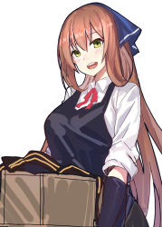 Rule 34 | 1girl, :d, apron, black gloves, blush, box, brown hair, collared shirt, echj, girls&#039; frontline, gloves, green eyes, head scarf, highres, holding, holding box, long hair, looking at viewer, open mouth, shirt, simple background, sleeves past elbows, smile, solo, springfield (girls&#039; frontline), upper body, white background, white shirt