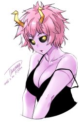 Rule 34 | 10s, 1girl, artist name, ashido mina, black sclera, boku no hero academia, breasts, cleavage, collarbone, colored sclera, colored skin, dated, highres, horns, large breasts, looking to the side, pink hair, pink skin, puckered lips, purple skin, short hair, signature, solo, strap slip, tachibana roku, upper body, v arms, yellow eyes
