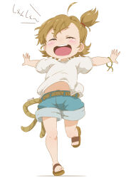 Rule 34 | 1girl, :d, ^ ^, ahoge, barakamon, barefoot sandals (jewelry), blue shorts, blush, brown hair, child, closed eyes, commentary request, dated, full body, highres, kotoishi naru, midriff peek, open mouth, outstretched arms, samansa ex, sandals, shirt, short hair, short sleeves, shorts, side ponytail, smile, solo, spread arms, spread fingers, teeth, toes, upper teeth only, white shirt, wrist straps