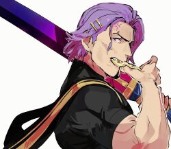 Rule 34 | 1boy, anger vein, black shirt, duryodhana (fate), earrings, eating, facial hair, fate/grand order, fate (series), food, from side, goatee, goatee stubble, highres, holding, holding food, holding polearm, holding weapon, jewelry, looking at viewer, male focus, mature male, murkablyad, muscular, muscular male, necklace, polearm, profile, purple eyes, purple hair, sash, shirt, short hair, shoulder sash, simple background, single earring, solo, stubble, upper body, weapon, white background