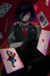 Rule 34 | 1boy, adjusting clothes, adjusting gloves, black gloves, black hair, black pants, black vest, card, chair, clenched teeth, collared shirt, danganronpa (series), danganronpa v3: killing harmony, gloves, gradient hair, grey shirt, hair between eyes, highres, joh pierrot, joker (playing card), male focus, multicolored hair, necktie, oma kokichi, pants, playing card, purple hair, red background, red eyes, red necktie, shirt, simple background, sitting, sleeves rolled up, solo, teeth, vest, watermark