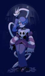 Rule 34 | 1girl, 770mk, blue hair, blue skin, brick road, cityscape, colored skin, detached collar, detached sleeves, dress, facing viewer, full body, highres, leviathan (skullgirls), looking at viewer, red eyes, skullgirls, solo, squigly (skullgirls), standing, stitched mouth, stitches, striped sleeves, zombie