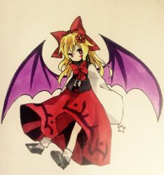 Rule 34 | 1girl, bat wings, black footwear, black vest, blonde hair, commentary request, elis (touhou), facial mark, flat chest, flower, full body, hair flower, hair ornament, hair ribbon, highres, holding, holding wand, kaigen 1025, long hair, long sleeves, marker (medium), neck ribbon, no mouth, no nose, open clothes, open vest, purple eyes, purple wings, red flower, red ribbon, red skirt, ribbon, shirt, skirt, sleeves past fingers, sleeves past wrists, socks, solo, star (symbol), star facial mark, star wand, touhou, touhou (pc-98), traditional media, vest, wand, white shirt, white socks, wings
