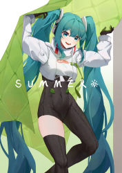 Rule 34 | 1girl, absurdly long hair, absurdres, aqua eyes, aqua hair, artist name, black bodysuit, bodysuit, breasts, commentary request, covered navel, hatsune miku, highres, long hair, looking at viewer, medium breasts, open mouth, racing miku, racing miku (2022), shrug (clothing), sidelocks, signature, smile, solo, standing, summer (724788381), twintails, very long hair, vocaloid