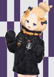 Rule 34 | 1girl, :d, abigail williams (fate), abigail williams (traveling outfit) (fate), absurdres, black bow, black jacket, blonde hair, blue eyes, blush, bow, commentary request, cowboy shot, crossed bandaids, fate/grand order, fate (series), hair bow, hair bun, hands up, highres, hijouguti, jacket, long hair, long sleeves, looking at viewer, official alternate costume, open mouth, orange bow, parted bangs, polka dot, polka dot bow, single hair bun, sleeves past fingers, sleeves past wrists, smile, solo, standing
