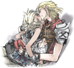 Rule 34 | 00s, 2boys, age difference, arched back, armor, bad id, bad pixiv id, basch fon ronsenburg, beard, blonde hair, closed eyes, couple, facial hair, final fantasy, final fantasy xii, fingerless gloves, gloves, kiss, male focus, midriff, multiple boys, navel, pauldrons, scar, short hair, shoulder armor, simple background, toujou sakana, vaan (ff12), vest, white background, yaoi