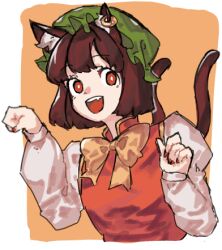 Rule 34 | 1girl, animal ear fluff, animal ear piercing, animal ears, border, bow, bowtie, brown hair, cat ears, cat tail, chen, commentary request, cropped torso, double-parted bangs, earrings, fang, gold trim, green hat, hands up, hat, jewelry, long sleeves, looking at viewer, lowres, mob cap, multiple tails, nail polish, nekomata, oftooon, orange background, paw pose, puffy long sleeves, puffy sleeves, red eyes, red nails, red vest, short hair, simple background, single earring, solo, tail, teeth, touhou, two tails, upper body, upper teeth only, vest, white border, yellow bow, yellow bowtie