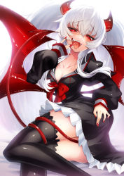 Rule 34 | 1girl, blush, breasts, cluseller, demon girl, demon horns, demon tail, demon wings, evo grim, grim aloe, hair between eyes, horns, long hair, looking at viewer, low wings, nail polish, open mouth, quiz magic academy the world evolve, red eyes, smile, solo, tail, thighhighs, twintails, very long hair, white hair, wings