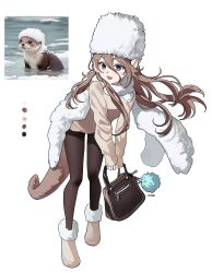 Rule 34 | 1girl, animal ears, bag, black eyes, black pantyhose, brown hair, fur-trimmed footwear, fur hat, fur scarf, fur trim, hair between eyes, hair spread out, handbag, hat, highres, holding, holding bag, humanization, leaning forward, long bangs, long hair, long sleeves, looking at viewer, ohw8g, open mouth, original, otter, otter ears, otter girl, otter tail, pantyhose, papakha, photo-referenced, reference inset, scarf, simple background, sleeves past wrists, solo, standing, tail, v-shaped eyebrows, white background, white fur, white hat, white scarf