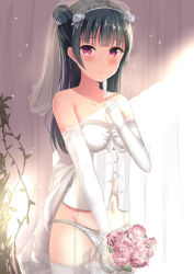 Rule 34 | 1girl, bare shoulders, blue hair, blush, bouquet, bridal veil, bride, collarbone, commentary request, corset, cowboy shot, dress, elbow gloves, feathers, female focus, flower, garter straps, gloves, hair bun, highres, jewelry, lace, lace-trimmed legwear, lace-trimmed panties, lace trim, lingerie, long hair, looking at viewer, love live!, love live! sunshine!!, morerin, navel, panties, purple eyes, ring, side bun, single side bun, solo, strapless, thighhighs, tsushima yoshiko, underwear, veil, wedding band, wedding dress, white feathers, white gloves, white panties, white thighhighs