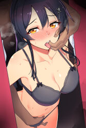 Rule 34 | 1boy, 1girl, black bra, black hair, black panties, blush, bra, breasts, breath, cleavage, dark-skinned male, dark skin, finger in another&#039;s mouth, fingering, gloves, hair between eyes, hair ornament, hetero, kantai collection, large breasts, long hair, looking at viewer, nose blush, open mouth, oyashio (kancolle), panties, saliva, taketora suzume, tears, tongue, tongue out, underwear, underwear only, white gloves