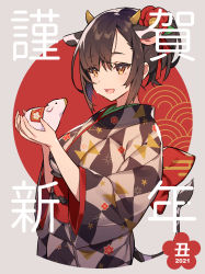 Rule 34 | 1girl, 2021, animal, animal ears, brown eyes, brown hair, camellia, chinese zodiac, commentary request, cow, cow ears, cow horns, cow tail, cropped torso, egasumi, flower, hair flower, hair ornament, hair ribbon, high ponytail, highres, holding, holding animal, horns, japanese clothes, kimono, medium hair, new year, obi, open mouth, original, ponytail, ribbon, sash, seigaiha, solo, tail, translation request, tubumi, upper body, year of the ox