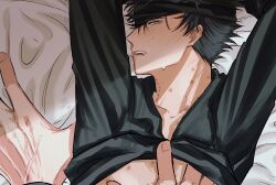 Rule 34 | 2boys, bed, bite mark, bite mark on neck, black blindfold, black hair, black shirt, blindfold, blush, clothes lift, commentary request, fushiguro megumi, fushirun rung, gojou satoru, green eyes, hickey, highres, jujutsu kaisen, korean commentary, long sleeves, looking at another, looking at viewer, male focus, multiple boys, shirt, short hair, spiked hair, tears, teeth, yaoi