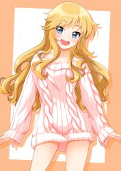 Rule 34 | 1girl, :d, bare shoulders, blonde hair, blue eyes, blush, breasts, collarbone, commentary request, cowboy shot, highres, idolmaster, idolmaster cinderella girls, large breasts, long hair, long sleeves, looking at viewer, medium breasts, off shoulder, ohtsuki yui, open mouth, orange background, ribbed sweater, sleeves past wrists, smile, solo, standing, sweater, teeth, upper teeth only, v3assalut, wavy hair, white background