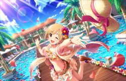 Rule 34 | 1girl, aiba yumi, arm up, armpits, asymmetrical hair, bikini, bikini skirt, blush, bracelet, breasts, brown eyes, brown footwear, cleavage, cloud, cloudy sky, collarbone, day, earrings, floral print, flower, foot out of frame, frilled bikini, frills, from side, game cg, hair flower, hair ornament, hand up, hat, idolmaster, idolmaster cinderella girls, idolmaster cinderella girls starlight stage, jewelry, lens flare, light brown hair, looking at viewer, medium breasts, official art, one eye closed, open mouth, outdoors, outstretched arm, palm tree, parted bangs, sandals, shadow, sky, solo, standing, standing on one leg, straw hat, swimsuit, tree
