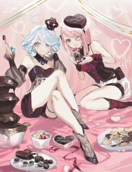 Rule 34 | 2024, 2girls, ahoge, alternate costume, bare legs, black dress, blue eyes, blue hair, brooch, camera, candy, charlotte (genshin impact), chocolate, chocolate heart, commentary request, detached collar, detached sleeves, dress, food, furina (genshin impact), genshin impact, hat, heart, highres, holding, holding camera, jewelry, long sleeves, looking at viewer, mini hat, monocle, multiple girls, one eye closed, open mouth, pouch, red dress, shoes, short hair, sitting, smile, strapless, strapless dress, talesofmea, thighs, valentine, wariza