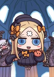 Rule 34 | 2girls, abigail williams (fate), april fools, bandaid, bandaid on face, bandaid on forehead, black bow, black dress, black hat, blonde hair, blue eyes, blush, blush stickers, bow, chibi, dress, fate/grand order, fate (series), floating, grey hair, hair bow, hat, highres, holding, holding stuffed toy, horns, lavinia whateley (fate), multiple girls, no nose, official art, open mouth, orange bow, pink eyes, ribbed dress, riyo (lyomsnpmp), sharp teeth, single horn, sleeves past fingers, sleeves past wrists, stuffed animal, stuffed toy, sweat, teddy bear, teeth, tentacles