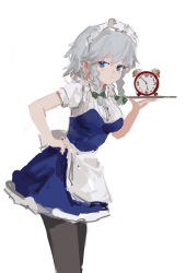 Rule 34 | 1girl, :&lt;, alarm clock, analog clock, apron, black pantyhose, blue dress, blue eyes, bow, braid, clock, closed mouth, cowboy shot, dress, frilled hairband, frills, from side, frown, furrowed brow, green bow, hair bow, hairband, half-closed eyes, hand on own hip, hand up, highres, holding, holding tray, izayoi sakuya, leaning forward, looking at viewer, looking to the side, maid, maid headdress, no lineart, pantyhose, petticoat, puffy short sleeves, puffy sleeves, reddizen, short dress, short hair, short sleeves, side braid, sidelocks, silver hair, simple background, solo, standing, strapless, strapless dress, touhou, tray, twin braids, waist apron, white apron, white background, white hairband