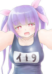 Rule 34 | 10s, 1girl, blush, breasts, collarbone, competition school swimsuit, highres, i-19 (kancolle), incoming hug, kantai collection, large breasts, long hair, looking at viewer, name tag, one-piece swimsuit, open mouth, outstretched arms, purple hair, red eyes, school swimsuit, simple background, smile, solo, star-shaped pupils, star (symbol), swimsuit, symbol-shaped pupils, terawamu, twintails, upper body, wamu (chartreuse), white background