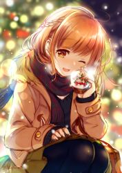Rule 34 | 1girl, ;d, black pantyhose, black scarf, blurry, blurry foreground, brown coat, brown eyes, brown hair, christmas tree, coat, duffel coat, highres, holding, koyama sao, lens flare, long sleeves, looking at viewer, miniskirt, one eye closed, open clothes, open coat, open mouth, original, outdoors, pantyhose, pleated skirt, scarf, short hair, skirt, smile, snow globe, solo, squatting, winter clothes, winter coat, yellow skirt