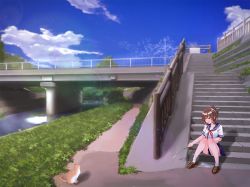 Rule 34 | 1girl, blue skirt, blue sky, blush, breasts, bridge, brown hair, cat, cattail, cloud, commentary request, day, folded ponytail, full body, green eyes, lens flare, looking at animal, medium breasts, neckerchief, open mouth, original, outdoors, plant, red neckerchief, reihou19, river, scenery, school uniform, serafuku, shirt, short sleeves, sitting, skirt, sky, smile, solo, stairs, water, white shirt