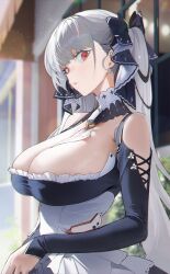Rule 34 | 1girl, 504 gateway, absurdres, azur lane, bare shoulders, between breasts, black dress, blurry, blurry background, breasts, cleavage, cross-laced clothes, detached collar, dress, earrings, formidable (azur lane), frilled dress, frills, from side, grey hair, hair ribbon, highres, jewelry, large breasts, long hair, long sleeves, looking at viewer, low neckline, maid, necktie, necktie between breasts, outdoors, parted lips, red eyes, ribbon, road, sideways glance, solo, street, twintails, two-tone ribbon, upper body, very long hair