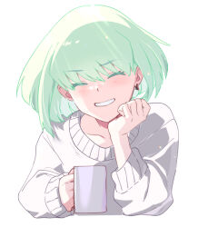 Rule 34 | 1boy, ahoge, alternate costume, backlighting, casual, closed eyes, colored eyelashes, cup, floating hair, green hair, grin, happy, head rest, holding, holding cup, light blush, lio fotia, male focus, mug, ns1123, promare, purple eyes, short hair, simple background, smile, solo, sweater, trap, white background, white sweater