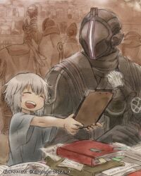 Rule 34 | 1girl, 5boys, absurdres, ascot, black ascot, blush, bondrewd, book, bookmark, brown background, closed eyes, commentary request, dated, erlenmeyer flask, flask, grey shirt, highres, hisatago, looking to the side, made in abyss, masked, multiple boys, open mouth, paper, prushka, shelf, shirt, short sleeves, smile, teeth, upper body, upper teeth only, whistle, whistle around neck, white hair