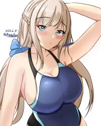 Rule 34 | 1girl, blonde hair, blue eyes, blue one-piece swimsuit, breasts, collarbone, competition swimsuit, highleg, highleg swimsuit, highres, impossible clothes, impossible swimsuit, kantai collection, large breasts, light brown hair, long hair, low twintails, maryland (kancolle), montemasa, one-hour drawing challenge, one-piece swimsuit, solo, swimsuit, twintails, twitter username, two-tone swimsuit, upper body