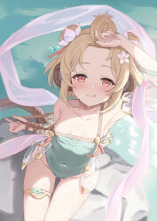 Rule 34 | 1girl, andira (granblue fantasy), andira (summer) (granblue fantasy), animal ears, arm up, armpits, bare shoulders, blonde hair, blush, breasts, brown eyes, casual one-piece swimsuit, closed mouth, clothes pull, collarbone, covered navel, double bun, erune, forehead, from above, granblue fantasy, green one-piece swimsuit, hair bun, half-closed eyes, highres, kimblee, licking lips, looking at viewer, looking up, monkey ears, monkey girl, monkey tail, official alternate costume, official alternate hairstyle, one-piece swimsuit, one-piece swimsuit pull, see-through, see-through sleeves, sitting, small breasts, smile, solo, swimsuit, tail, thighlet, tongue, tongue out, wet