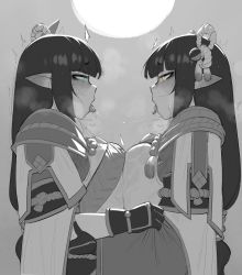 Rule 34 | 2girls, after kiss, blue eyes, blush, breast press, breasts, commentary, english commentary, english text, eye contact, gloves, greyscale, hair ornament, heart, highres, hinoa, huge breasts, incest, japanese clothes, krekkov, long hair, looking at another, minoto, monochrome, monster hunter (series), monster hunter rise, multiple girls, open mouth, pointy ears, saliva, saliva trail, siblings, sidelocks, sisters, spot color, steam, steaming body, sweat, symmetrical docking, tongue, tongue out, trembling, twins, yellow eyes, yuri