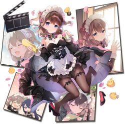 Rule 34 | 2girls, apron, azur lane, black bow, black bowtie, black corset, black footwear, black jacket, blue eyes, bow, bowtie, breasts, brown hair, clapperboard, closed eyes, closed mouth, corset, cup, detached sleeves, dress, frilled apron, frilled dress, frills, hair bow, highres, holding, holding cup, jacket, large breasts, long hair, long sleeves, looking at viewer, maid, maid apron, maid headdress, manjuu (azur lane), multiple girls, multiple views, non-web source, official alternate costume, official art, pantyhose, pink bow, sakura koharu, shoe dangle, shoes, single shoe, smile, thigh strap, two side up, unworn jacket, z35 (azur lane), z35 (liebender engel) (azur lane), z36 (azur lane)
