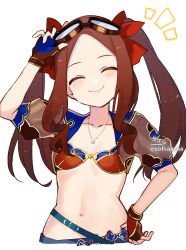 Rule 34 | 1girl, ^ ^, bikini, bikini top only, blue shorts, blush, breasts, brown gloves, brown hair, closed eyes, closed mouth, collarbone, fate/grand order, fate (series), fingerless gloves, forehead, gloves, goggles, hair ribbon, head tilt, highres, jewelry, leonardo da vinci (fate), leonardo da vinci (fate/grand order), leonardo da vinci (rider) (fate), leonardo da vinci (swimsuit ruler) (fate), long hair, necklace, parted bangs, puffy short sleeves, puffy sleeves, red bikini, red ribbon, ribbon, short sleeves, shorts, shrug (clothing), sidelocks, simple background, small breasts, smile, sofra, swimsuit, thighs, twintails, white background