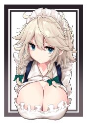 Rule 34 | 1girl, absurdres, alternate breast size, blue eyes, braid, breasts, cleavage, closed mouth, ears, framed breasts, green ribbon, hair between eyes, hair ribbon, highres, hira-san, izayoi sakuya, large breasts, looking at viewer, maid, maid headdress, ribbon, simple background, solo, touhou, twin braids, white background, white hair