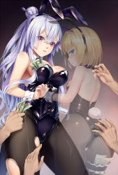 Rule 34 | 10s, 2girls, animal ears, ass, ass grab, back, backless leotard, bare shoulders, black legwear, blonde hair, blue eyes, blush, breasts, bridal garter, cleavage, collaboration, detached collar, fake animal ears, frolaytia capistrano, grabbing another&#039;s ass, groping, hair bun, hair ornament, hairband, haneru, heavy object, holding hands, large breasts, leotard, light purple hair, long hair, looking at viewer, looking back, milinda brantini, money, multiple girls, mvv, nail polish, pantyhose, playboy bunny, prostitution, purple eyes, rabbit ears, rabbit tail, religious offering, short hair, single hair bun, small breasts, solo focus, tail, thigh strap, torn clothes, torn legwear, tucked money, wrist cuffs