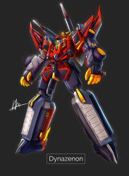 Rule 34 | character name, dynazenon (character), floating, gridman universe, highres, khaizer, mecha, mechanical wings, no humans, open hands, robot, science fiction, shoulder cannon, signature, solo, ssss.dynazenon, super robot, wings