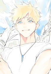 Rule 34 | 1boy, blonde hair, blue eyes, cloud, cloudy sky, facial mark, highres, jewelry, kiya, looking up, male focus, naruto (series), necklace, outdoors, parted lips, shirt, short hair, short sleeves, sky, smile, solo, spiked hair, teeth, upper body, uzumaki naruto, whisker markings, white shirt