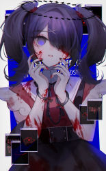 Rule 34 | 1girl, absurdres, ame-chan (needy girl overdose), black dress, black hair, black ribbon, blood, blood on clothes, blood on face, blue background, bow, commentary, cuffs, dress, hair ornament, hair over one eye, handcuffs, hands up, highres, looking at viewer, neck ribbon, needy girl overdose, parted lips, red bow, red shirt, ribbon, shirt, skirt, solo, suspenders, symbol-only commentary, teeth, translation request, twintails, white background, wny (wnys art), x hair ornament